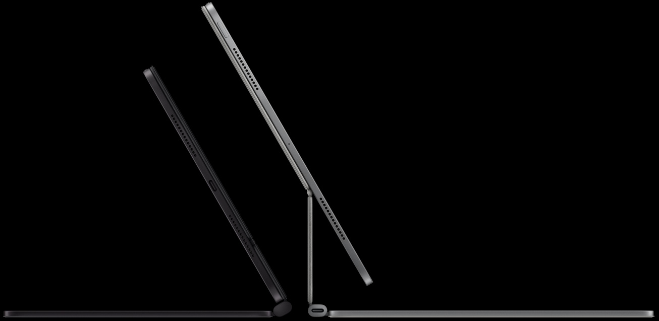 两款妙控键盘侧面外观，均连接了横屏放置的 iPad Pro，展示悬浮式支架设计。