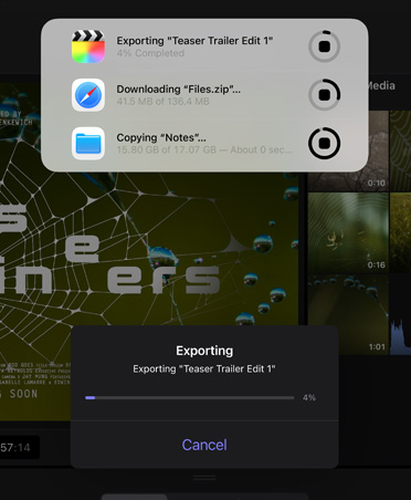 后台任务通知界面，显示视频导出、文件下载和将“备忘录”移至“备份”的进度。