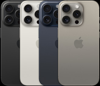 iPhone 15 Pro 的背面视图，展示四款不同颜色外观。