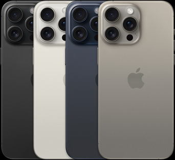 iPhone 15 Pro Max 的背面视图，展示四款不同颜色外观。