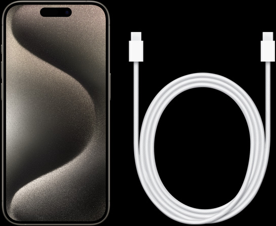Front view of iPhone 15 Pro and USB-C charging cable