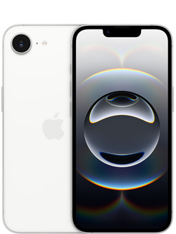 白色 iPhone 16e 的正面视图，以及 iPhone 16e 背面的局部视图，展示摄像头。