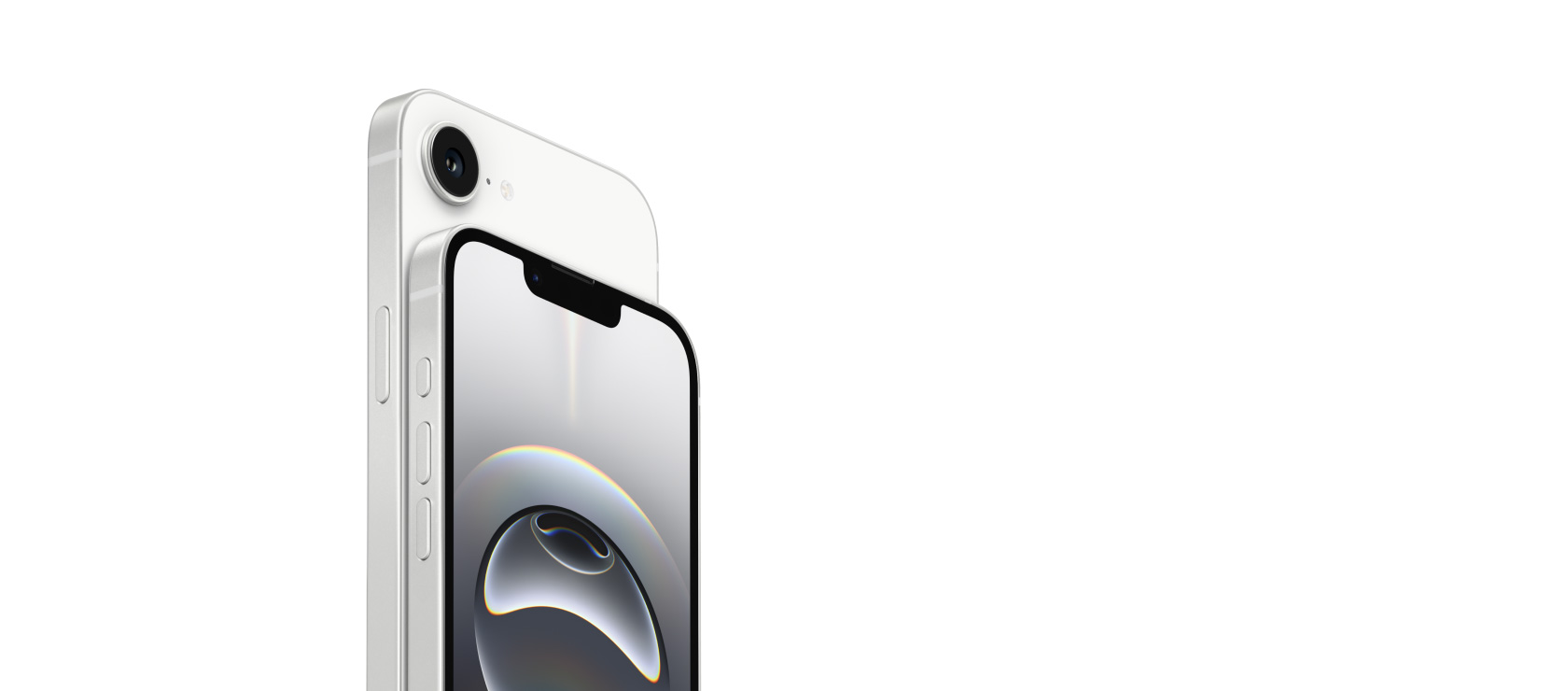 两部 iPhone 16e，前面的设备以局部正面视图展示超视网膜显示屏，后方另一部的背面视图展示摄像头。