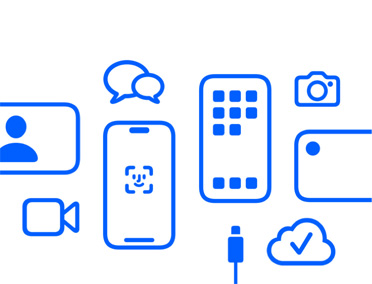 各种 Apple 设备和功能的图标，包括 iCloud、展示面容 ID 的 iPhone、充电线、相机图标、信息图标等。