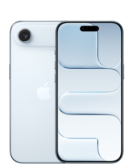 天蓝色 iPhone Air，背面外观展示机身上方的融合式摄像头系统和机身中央的 Apple 标志，天蓝色正面外观展示屏幕顶部居中的灵动岛。