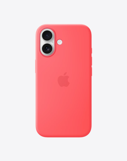iPhone 17 装上亮番石榴粉色硅胶保护壳，展示背面外观、位于左上角的融合式双摄系统和中央的 Apple 标志。