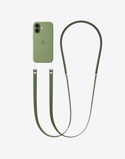 iPhone 17 装上绿色保护壳，展示背面外观以及保护壳上安装的绿色斜挎挂绳。