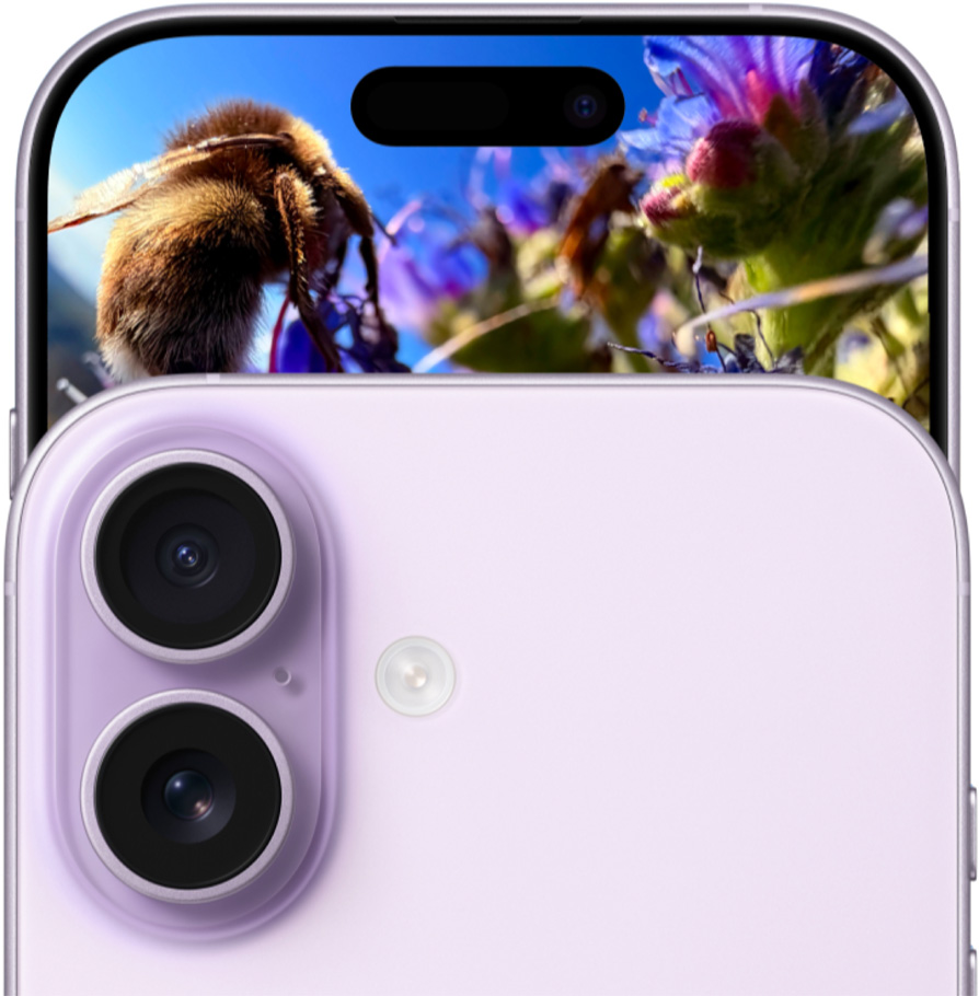 两部薰衣草紫色 iPhone 17 面对面交错贴在一起，分别展示机身正面外观和背面的融合式双摄系统。