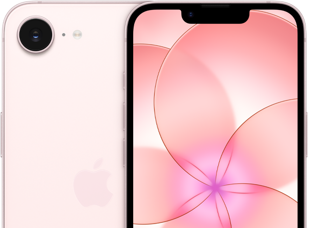 浅粉色 iPhone 17e 正面外观，以及 iPhone 17e 背面外观的局部视图，展示摄像头。