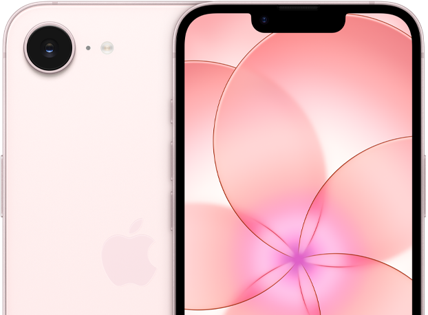 浅粉色 iPhone 17e 正面外观，以及 iPhone 17e 背面外观的局部视图，展示摄像头。