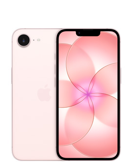 浅粉色 iPhone 17e，背面外观展示机身左上角的融合式摄像头和机身中央的 Apple 标志，浅粉色正面外观展示全面屏设计。