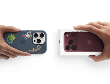 一只手递出一部旧 iPhone，另一只手递出未拆封的全新勃艮第酒红色 iPhone 18 Pro，寓意折抵换购。