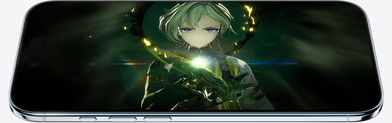 iPhone Air 正面斜侧外观，展示游戏静态图像，以及操作按钮和音量调节按钮。