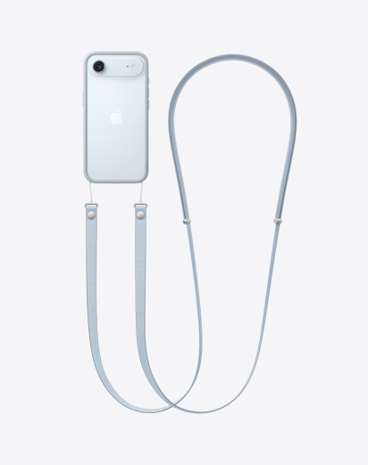 iPhone Air 安装有浅蓝色防护边框并系着斜挎挂绳，展示背面外观。