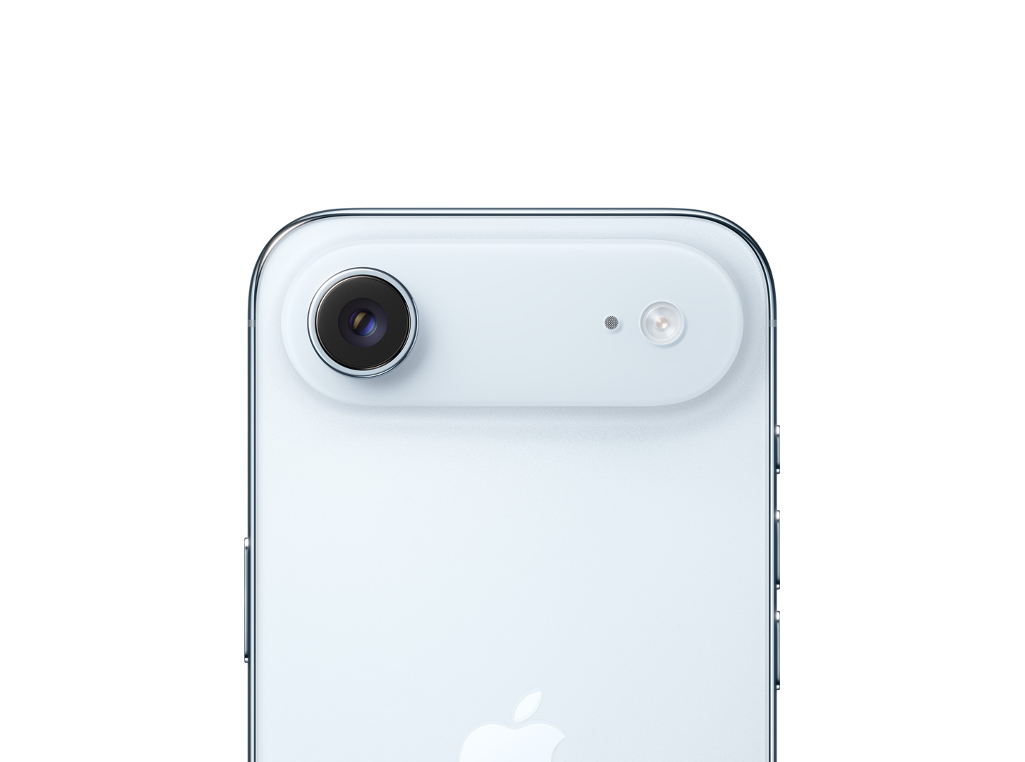 天蓝色 iPhone Air 背面外观，展示顶部扩展平台的融合式摄像头系统。