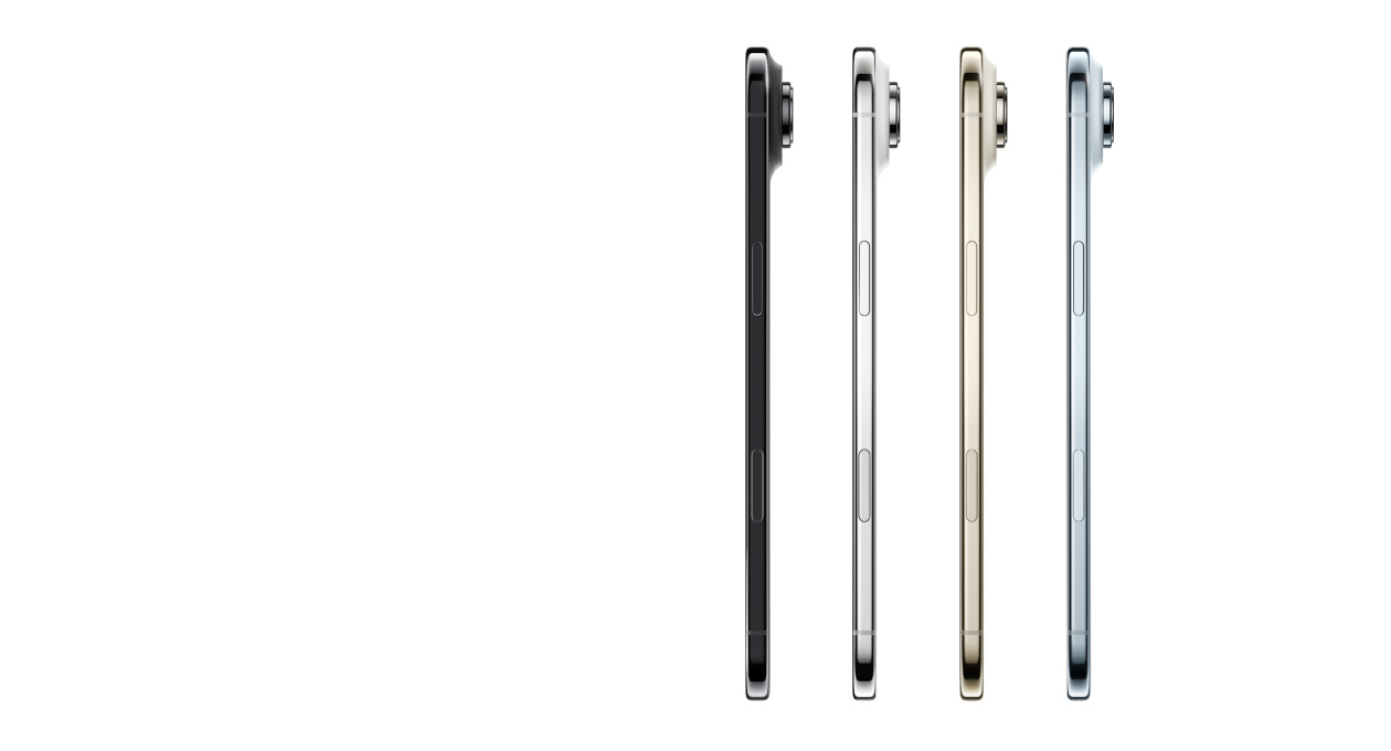 iPhone Air 侧面外观，颜色从右至左依次为：天蓝色、浅金色、云白色和深空黑色，展示超纤薄外形、融合式摄像头系统、侧边按钮和相机控制按钮。