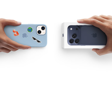 一只手递出装有硅胶保护壳、背面贴有贴纸的 iPhone 13，对面一只手送上包装盒完好的全新 iPhone 17 Pro，寓意折抵换购。