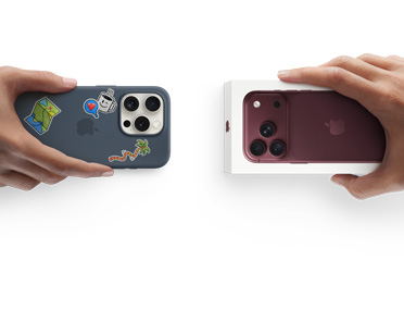 一只手递出装着硅胶保护壳的 iPhone 15 Pro，对面一只手送上盒装的全新 iPhone 18 Pro，寓意折抵换购。