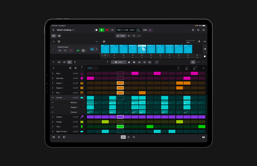 iPad 版 Logic Pro 中的步进音序器的用户界面。
