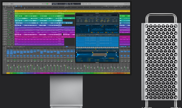 一台 Mac Pro 旁边的显示器在展示一个大型多音轨 Logic Pro 项目。