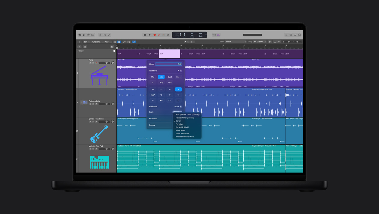 16 英寸 MacBook Pro 屏幕展示和弦轨道，其中包括 Piano、Platinum Cuts、Simple Foundation、Majestic Rise Pad；一个和弦窗口展示调整项。