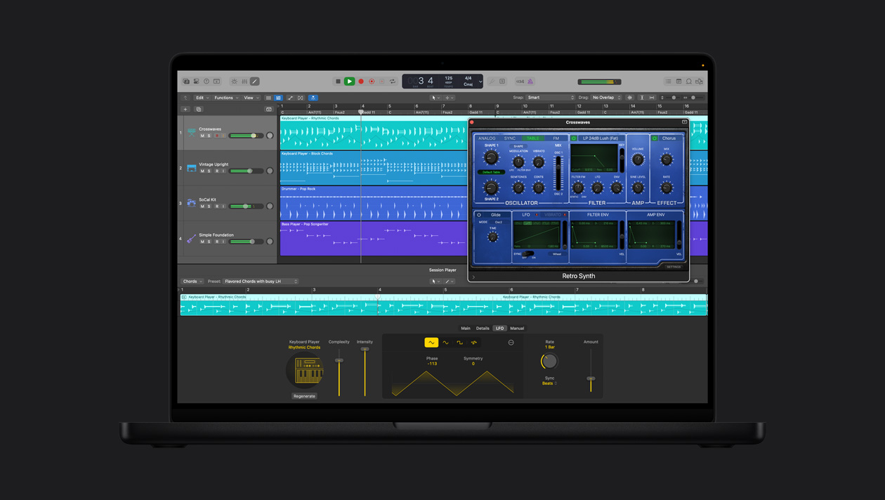 16 英寸 MacBook Pro 屏幕显示合成器手，Crosswaves 窗口呈打开状态，展示控制选项；左侧为 Vintage Upright、SoCal Kit、Simple Foundation，底部为 Keyboard Player Rhythmic Chords 控制项。