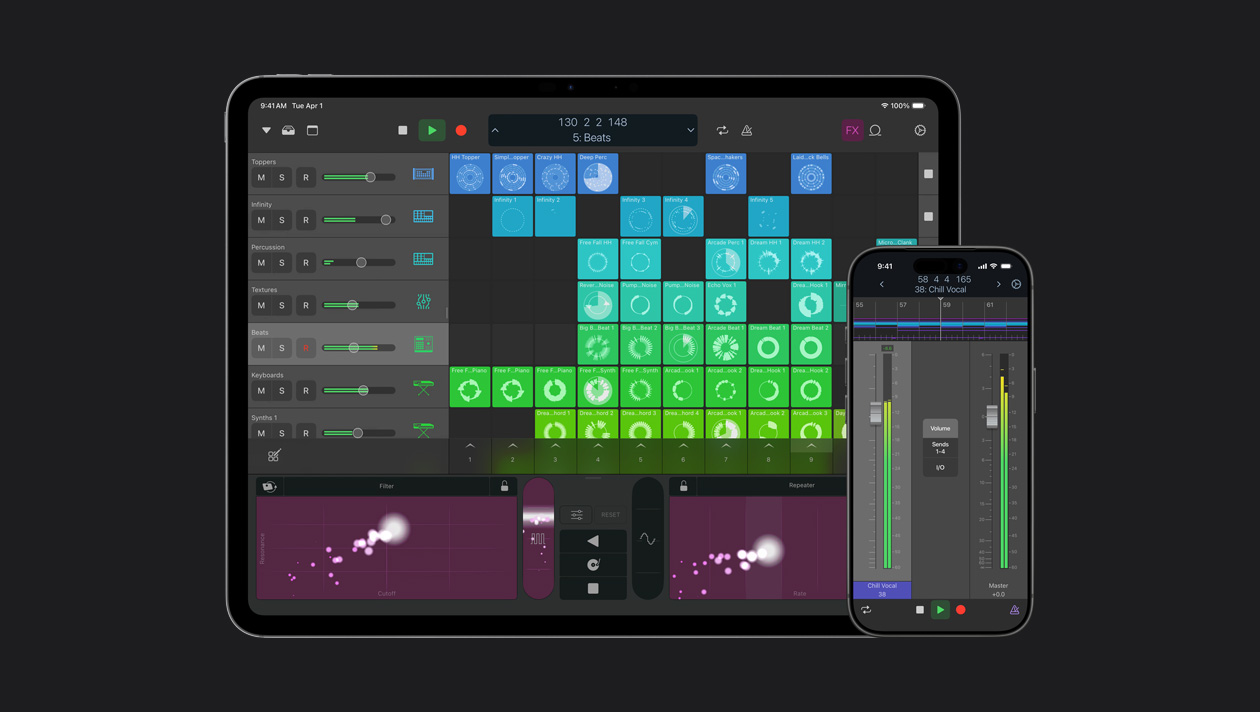 iPad 和 iPhone 设备并排摆放，iPad 屏幕展示 Logic Pro 工作区中的软件乐器，iPhone 屏幕展示人声和主控控制项。