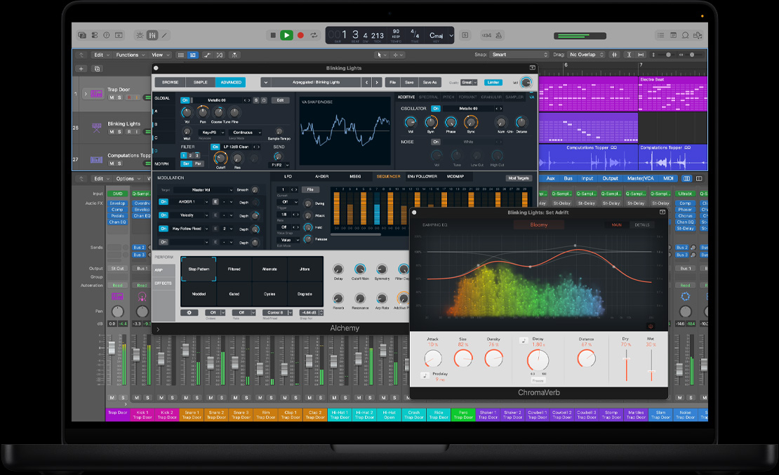 16 英寸 MacBook Pro 屏幕展示人声采样窗口和立体声输出窗口。
