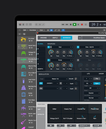 16 英寸 MacBook Pro 屏幕展示不同乐器的波形。