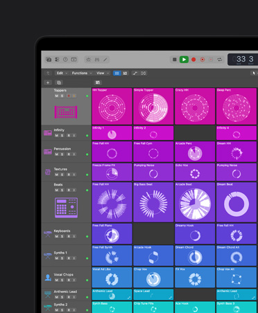 16 英寸 MacBook Pro 屏幕展示多种控制项和效果，左侧面板有 Toppers、Infinity、Percussion、Textures、Beats、Keyboards、Synths 1、Vocal Chops、Anthemic Lead、Synths 2、Synths 3，每行按颜色分类并显示在右侧。