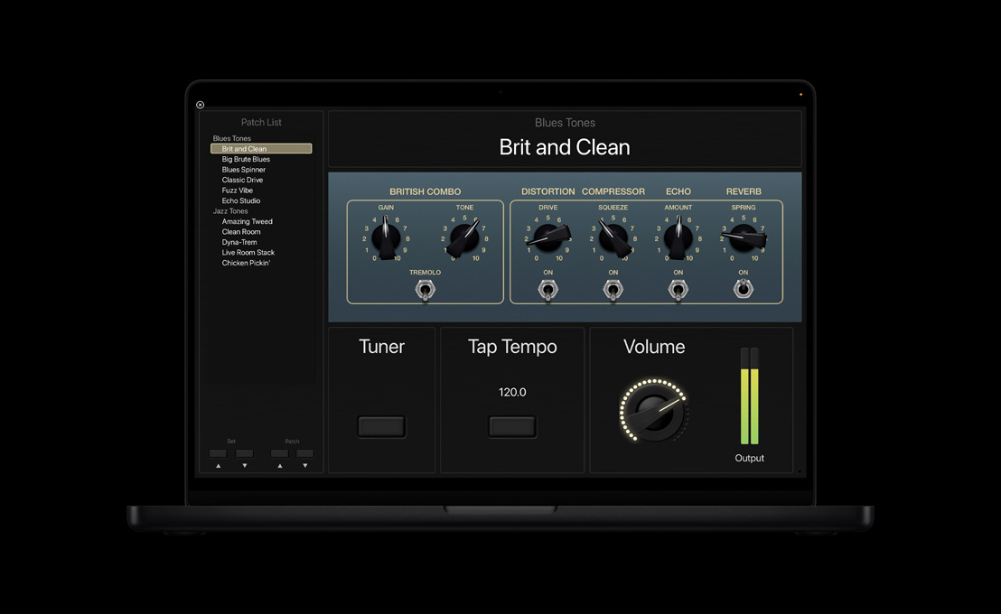 16 英寸 MacBook Pro 屏幕展示左侧为 Patch List 面板，中间为设有旋钮的 Blue Tones，底部为 Tuner、Tap Tempo 和 Volume 区域。