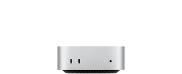 银色 Mac mini 正面图，展示两个雷雳端口、状态指示灯、耳机插孔，以及底部收窄的黑色底座、平坦的顶部、圆润侧边和直边设计。