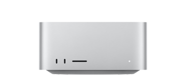 银色 Mac Studio 的正面图，展示两个 USB-C 端口、SDXC 卡插槽、状态指示灯、底部收窄的底座、平坦的顶部、圆润侧边和直边设计。