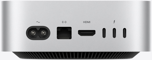 Mac mini 背面图，展示电源插口、以太网端口、HDMI 端口和三个雷雳端口。