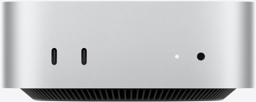 银色 Mac mini 正面图，展示两个雷雳端口、状态指示灯、耳机插孔，以及底部收窄的黑色底座、平坦的顶部、圆润侧边和直边设计。