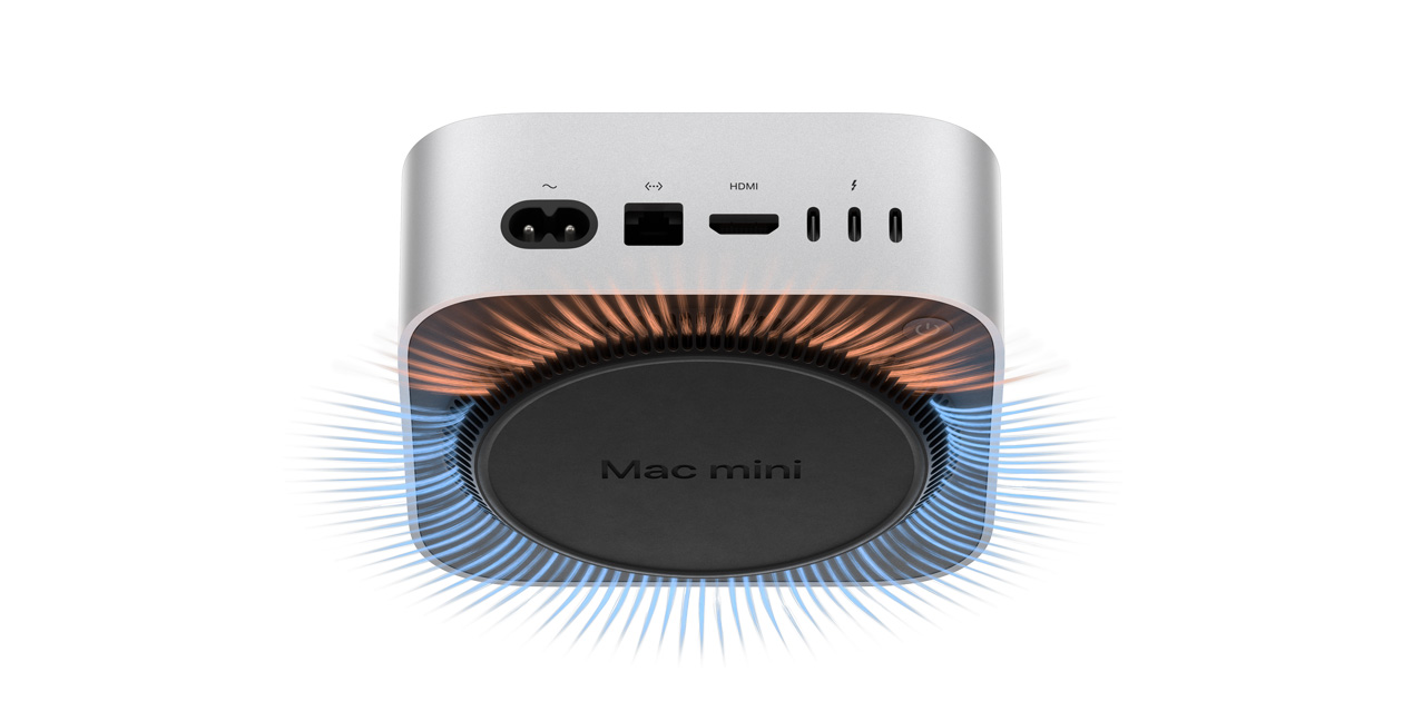 Mac mini 底部图，展示铝金属外壳内的散热和通风系统。