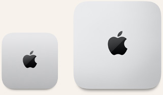 两台 Mac mini 设备的外观俯视图，展示银色铝金属机身、圆角设计，顶面居中有黑色亮面 Apple 标志；左侧设备为更新版机型，尺寸不到右侧设备的一半。