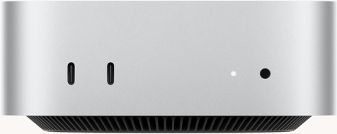银色 Mac mini 正面图，展示两个雷雳端口、状态指示灯、耳机插孔，以及底部收窄的黑色底座、平坦的顶部、圆润侧边和直边设计。