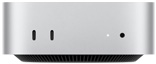 银色 Mac mini 正面图，展示两个雷雳端口、状态指示灯、耳机插孔，以及底部收窄的黑色底座、平坦的顶部、圆润侧边和直边设计。