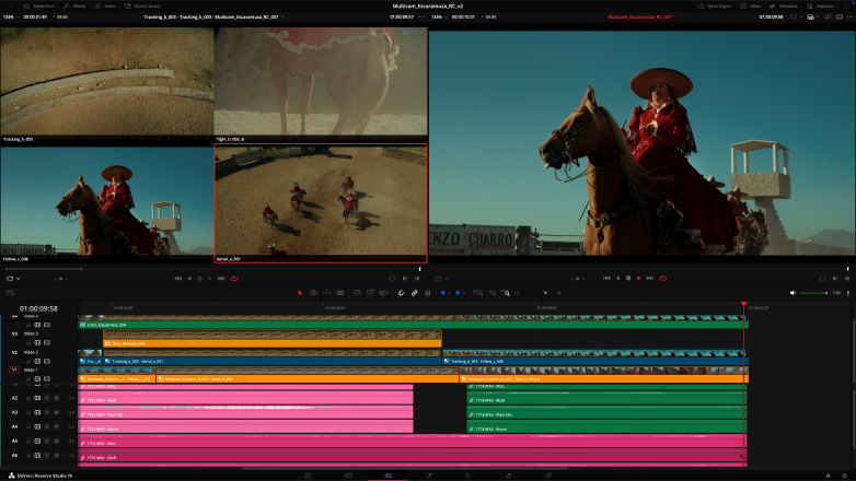 在配有 Studio Display 的 Mac Studio 上用 DaVinci Resolve Studio 处理多镜头视频剪辑工作