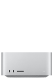 银色 Mac Studio 的正面图，展示两个 USB-C 端口、SDXC 卡插槽、状态指示灯、底部收窄的底座、平坦的顶部、圆润侧边和直边设计。