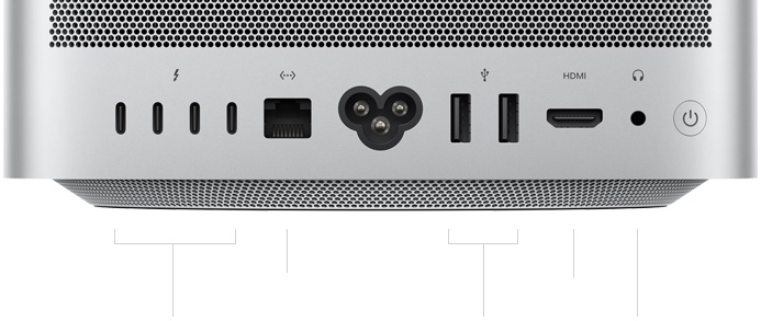 Mac&nbsp;Studio 的背面图，展示铝金属散热孔、四个雷雳 5 端口、一个以太网端口、一个电源插口、两个 USB-A 端口、一个 HDMI 端口、一个耳机插孔，以及电源按钮。