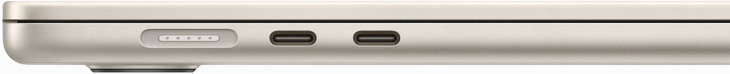 MacBook Air 侧面视图，展示 MagSafe 端口和两个雷雳端口