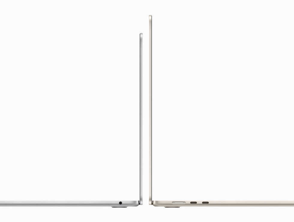 午夜色 13 英寸和星光色 15 英寸 MacBook Air 机型的正面视图，展示显示屏尺寸对比，即对角线长度。两款机型均运行 Affinity Designer 2。