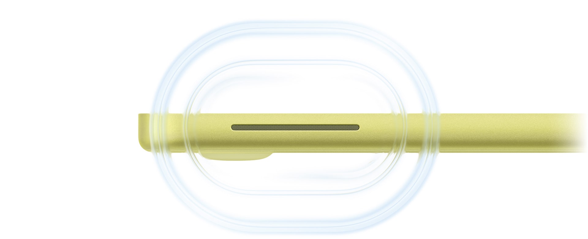 机身呈打开状态的柑橘黄色 MacBook Neo，声波像涟漪般从电脑右侧靠近正面的扬声器扩散开来。