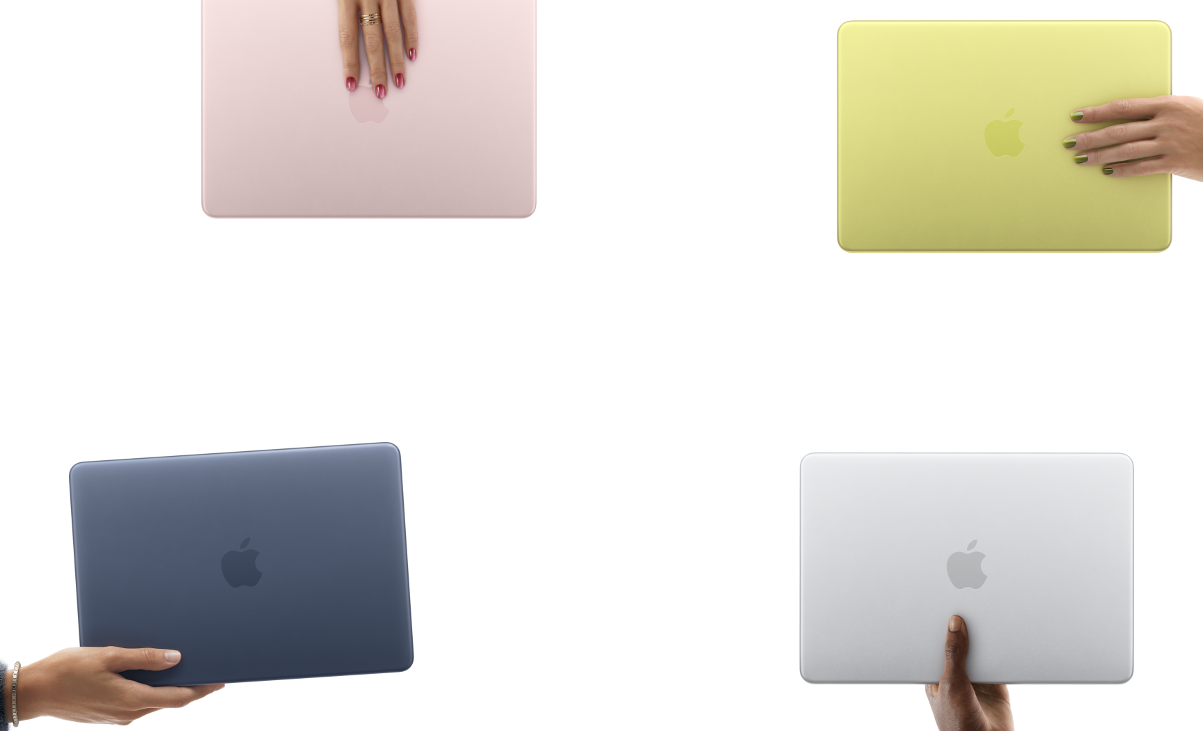 更多颜色的 MacBook Neo 笔记本电脑，分别由不同的人用手拿着。