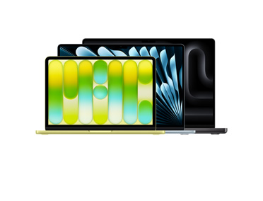 三款 MacBook 产品：柑橘黄色 13 英寸 MacBook Neo，上盖呈打开状态，配有 Liquid 视网膜显示屏和凸出的圆形垫脚；天蓝色 15 英寸 MacBook Air，上盖呈打开状态，配有凸出的圆形垫脚；深空黑色 16 英寸 MacBook Pro，上盖呈打开状态，配有凸出的圆形垫脚。