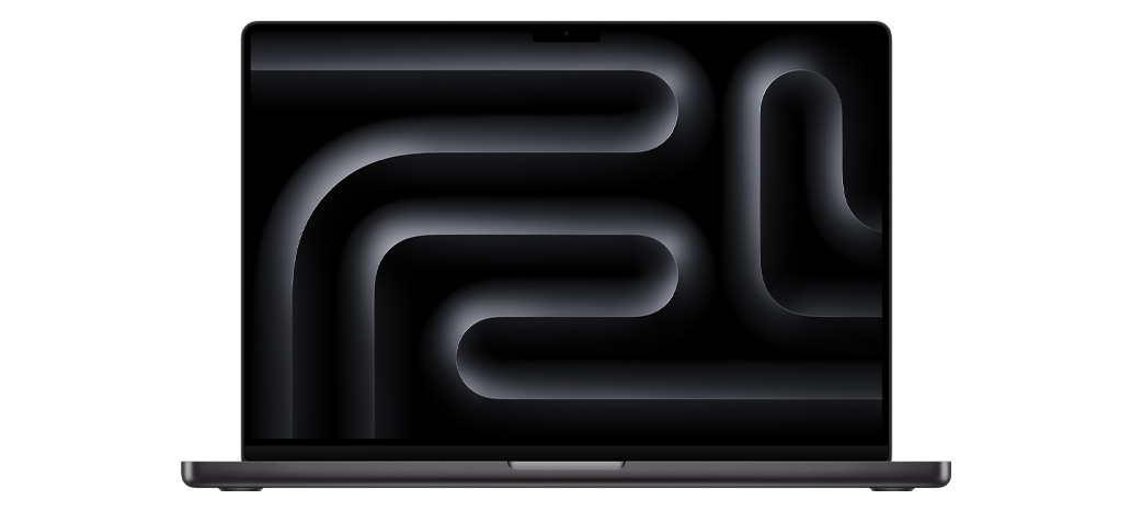 全新深空黑色 MacBook Pro 的正面视图，设备呈打开状态