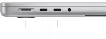 呈闭合状态的 14 英寸 MacBook Pro (M3 芯片机型) 的左侧视图，展示 MagSafe 3 端口、两个雷雳 / USB 4 端口以及一个耳机插孔
