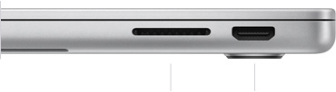 呈闭合状态的 14 英寸 MacBook Pro (M3 芯片机型) 的右侧视图，展示 SDXC 卡插槽以及 HDMI 端口